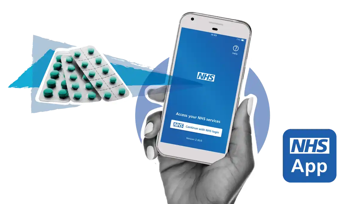 Image of the NHS app on a phone with an image of some medication